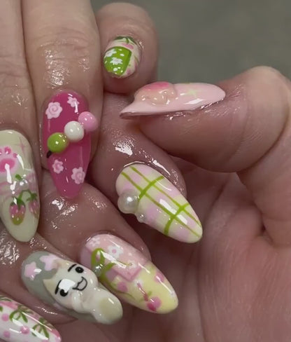 Kawaii Cute Press On Nails by DoryNails | Pastel Bunny Clover 3D Press Ons | Sakura Bunny Fake Nails | Kawaii Spring Nail Art | HB827YC