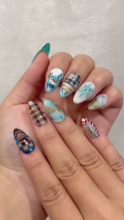 Blue Cottagecore Christmas Press On Nails | Holiday Gingerbread Winter Nail Art | Snowman & Candy Cane Art | JB240EG