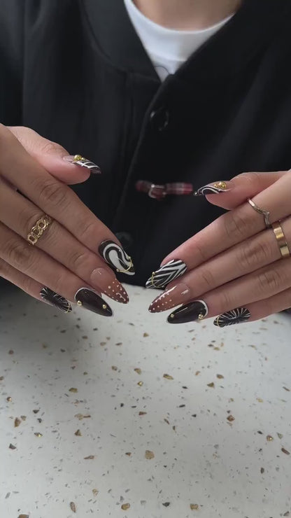 Autumn Press On Nails with Gold Accents | Brown Black Abstract Almond Nails | Elegant Swirl Nail Art for Fall Outfit | OB489UC