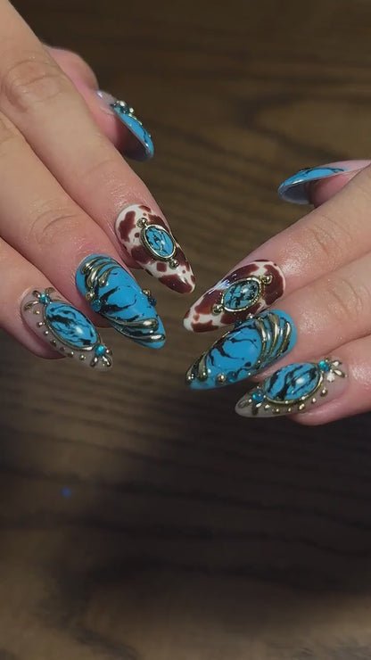 Turquoise Press On Nails, Western Jewelry Nails, Gold 3D Boho Nail Art, Vintage Ornamental Statement Nails, OB671UC