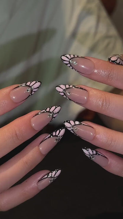 Romantic Press On Nails with Butterfly Wings | Pink Crystal French Tips | Almond Nail Set | OB558UC
