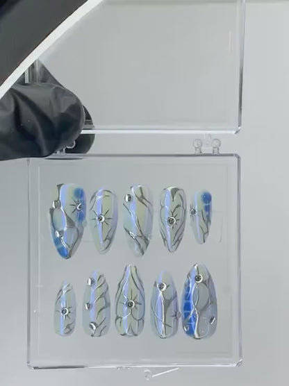 Elegant Blue Marble Press On Nails | Hand-Painted 3D Silver Patterns And Crystals Fake Nails | Rhinestone Nails | Y2k Nail Art | HC557YL