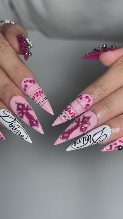 Pink Y2K Press On Nails with Rhinestone Cross | Leopard Print Bling Nails | Girly Maximalist Stiletto Nails | OB664UI