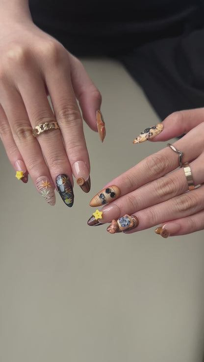 Handmade Autumn Press On Nails with 3D Charms , Cozy Fall Floral Nail Art, OB1400WC