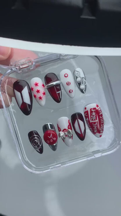 Korean Cherry Press On Nails | Handmade Kpop Idol Nails, Red Chrome Y2K Nail Set, Reusable Gift for Her | OB433LG