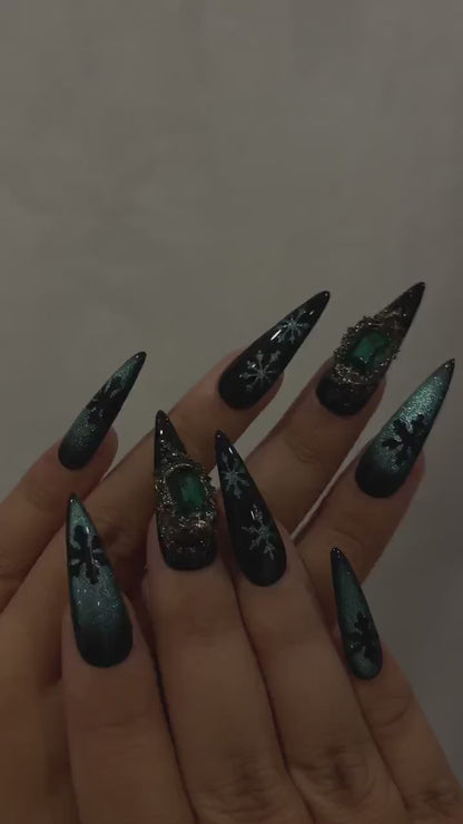 Emerald Snowflake Christmas Press On Nails | Black Green Winter Nails | Luxe Holiday Nail Art | Stiletto Press Ons | Winter Set | JB237HC