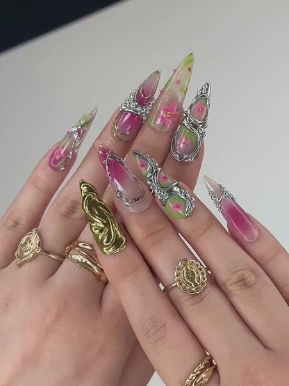 3D Luxury Floral Press On Nails | Flower Gold Chrome Nails | Handmade Statement Nail Art | Elegant Long Press Ons | HB997GK