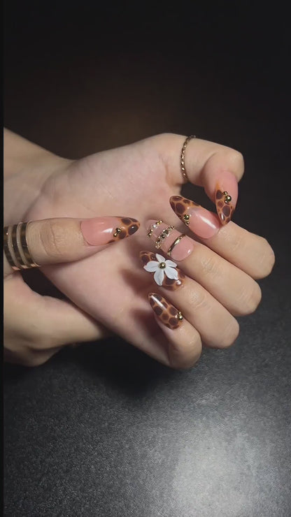 Leopard Print Press On Nails, Mocha Nude Luxury Nails, 3D Flower Gold Nails, Quiet Luxury Handmade Press On Set, OB445U