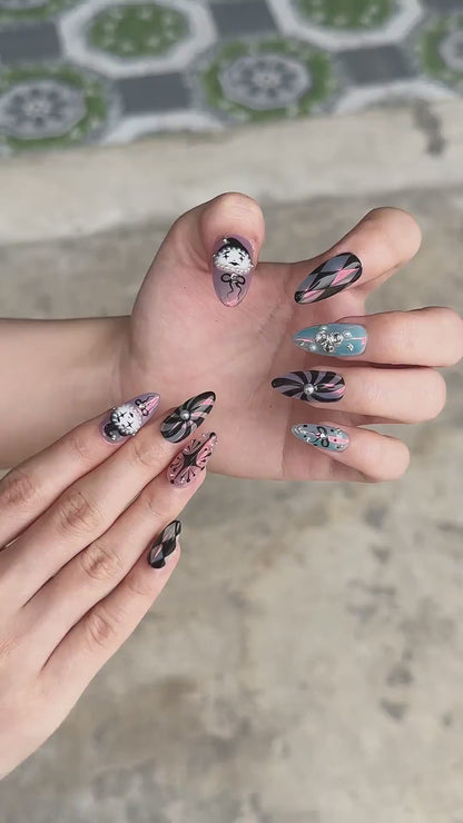Clown Press On Nails with Vintage Clock, Harlequin Fake Nails in AlmondShape, Handmade Gothic Nail Art for Halloween, Party, Cosplay OB480UC