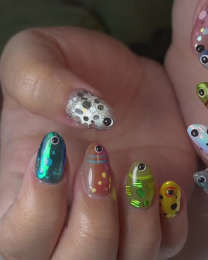 Summer Alien Eye Chrome Press On Nails, Summer Short Almond Abstract Nails, Beach Party Nails For Cute Funky Vacation Outfit Photos| OB420LC
