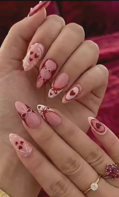Press On Nails Adhesive Tabs – Pink Red Heart & Bow Design Long Almond Handmade Fake Nails for Valentine Gift