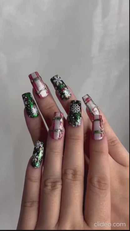 Holiday Sparkle Green Press On Nails For Christmas | Red Green Christmas Nails | Snowflake Glitter Nail Art | Festive Press Ons | Winter Nails | JC227HC