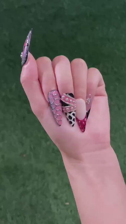 Y2K Pink Black Press On Nails • Coquette Baddie Nail Set • Zebra Web Star Glam Nails • Handmade 3D Statement Nails • OB610UC