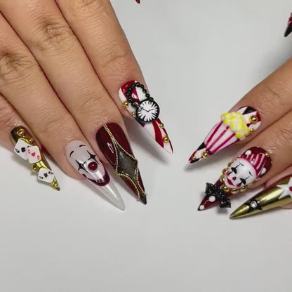Halloween Circus Press On Nails | Spooky Clown Faces Nail Art | Gothic Harlequin Fake Nails | 3D Popcorn & Casino Press Ons | DB729YC