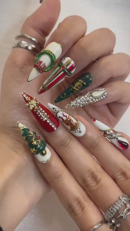 Luxury Christmas Press On Nails | 3D Tree & Wreath Nails | Candy Cane Holiday Nail Art | Christmas Press Ons | Festive Winter Set | JB242HC