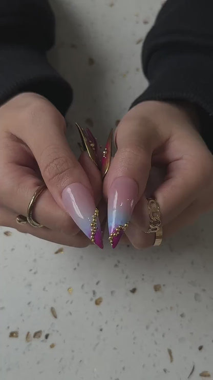 Luxury Press On Nails with Gold Jewelry Charms | Burgundy 3D Long Stiletto Nails | Elegant Chrome Nail Art for Fall, Party | OC488UC