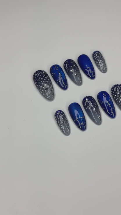 Blue Celestial Press On Nails with Silver Star Details | Midnight Blue Nails | Y2K Almond Fake Nails | OB530WC