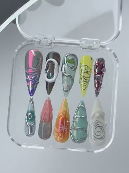 Vibrant 3D Fashion Press On Nails | Bold 3D Art Nail Polish | Unique Sculptural Nails | Gallery-Ready Press Ons | Standout Acrylic | HB483YC