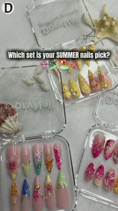 3D Pink Hibiscus & Seashell Nails | Tropical Floral Summer Press Ons | Luxury Gold Studded Mermaid Stiletto Art | Pink Ombre Nails| OB1342IC