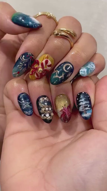 Midnight Santa Press On Nails For Christmas |Celestial Holiday Nail Art | Gold Moon & Constellation Nails |JB226EG