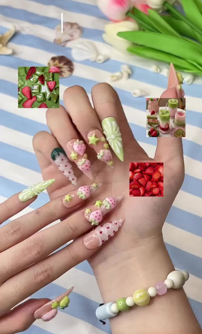 Kawaii Strawberry Press On Nails | Handmade Fruit Nails, Green Bow Nails, Y2K Cute Nails, Salon Quality Reusable Nailsr | OB432LG