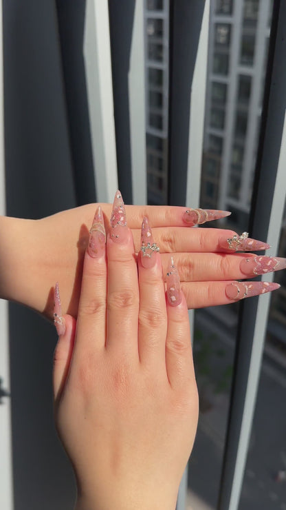 Leopard Print Press On Nails | Luxury Gyaru Y2K Stiletto Nails | Silver Star Chain Heart Fake Nails | OB405LK