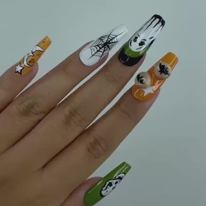 Spooky Halloween Press On Nails | Ghost Pumpkin Cat Nail Art | 3D Spider Web Fake Nails | Cute Ghost Pumpkin Nails | Kawaii Nails | HB184YC