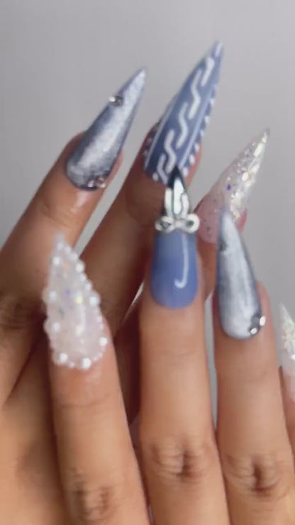 Frosted Winter Elegance Christmas Nails | Icy Blue Chrome Nail Art | Pearl Snowflake Design | Winter Wonderland Nails | Luxury Nail|HB1199HK
