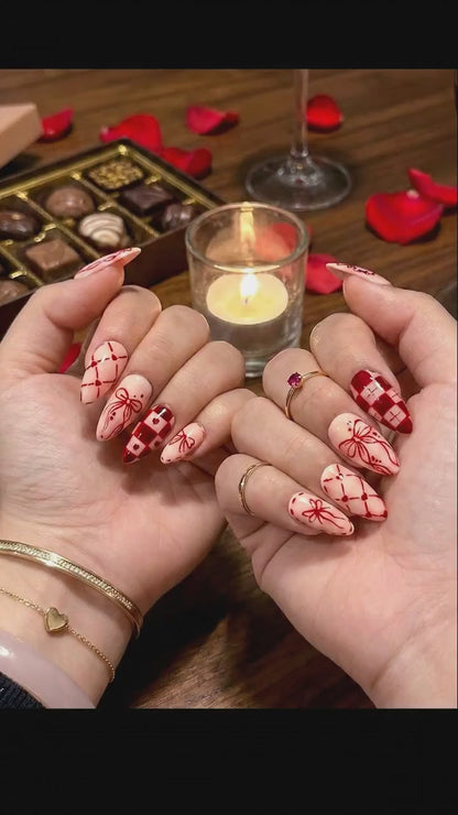 Sweetheart Bow Valentine Press On Nails | Heart Ribbon Romantic Nail Art | Red Gingham Love Nails | Cute Romantic Nail Set | JB274EC