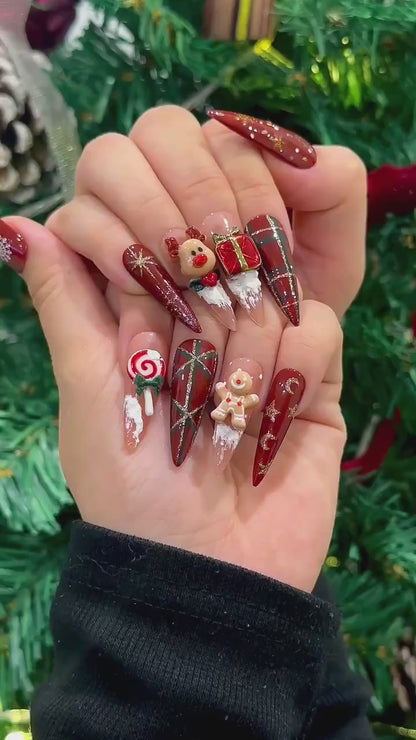 Red Christmas Reindeer Press On Nails | 3D Christmas Candy Nail Art | Holiday Red Glitter Nails | Festive Winter Nail Art | JC247EC
