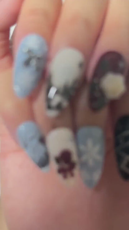 Christmas Winter Press On Nails, Snowflake Nail Art, 3D Roses, Woodland Long Almond Nails | OB722XT