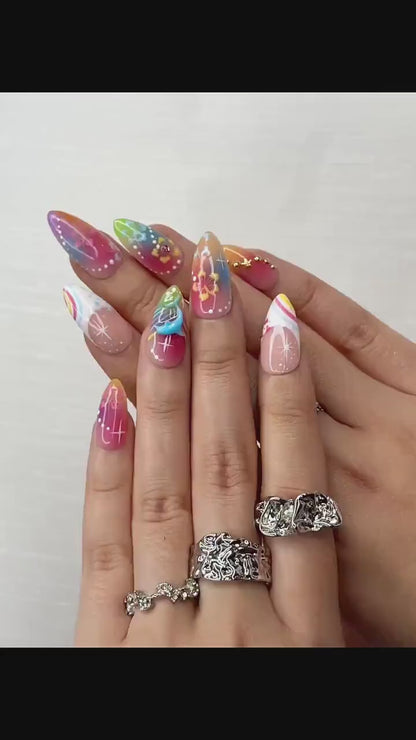 Midnight Sun Press On Nails for Y2K Lovers | Sunset Ombre Rainbow Nails with 3D Floral Art | 90s Nail Design | Artistic Press Ons | OB290HC