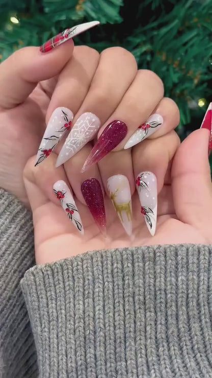 Red Plaid Reindeer Christmas Press On Nails | Holiday Plaid Winter Nail Art | Gold Reindeer Nails | Red Ombre Glitter Nail | JC252EC