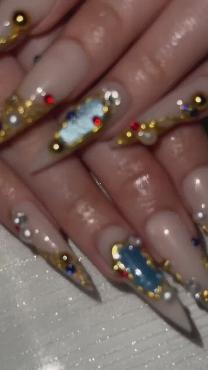 Luxury 3D Jewelry Press On Nails, Gold Filigree and Blue Gemstone False Nails, Royal Core Stiletto Nails for Gala or Wedding | DB1022HC