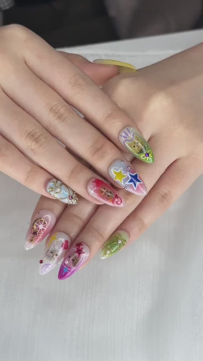 Kawaii Cat Press On Nails | Y2K Cute Kitty Nails | Colorful Nails | Harajuku Pop Nail Art | Handmade Cute Press Ons | OB313HC