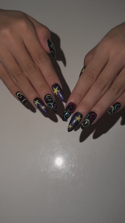 Halloween Press On Nails with Colorful Ghost Art , Purple Galaxy Star Stiletto Nails . Spooky Cute Fake Nails for Halloween Party • OB1399WG