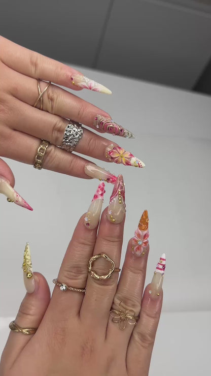 Summer 3D Press On Nails | Luxury Tropical Stiletto Nails | | Premium Beach Vacation Birthday Nails Gift | JB397LK