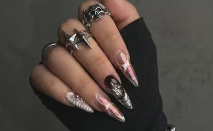 Press On Nails Adhesive Tabs – Black Pink Chrome Cross & Star Long Stiletto Handmade Fake Nails for Gothic Luxury Look