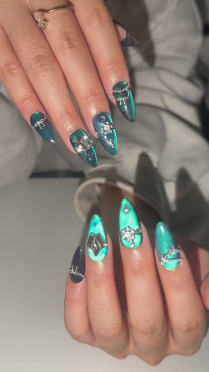 Christmas Winter Press On Nails, Teal Cat Eye Long Almond Nails, 3D Snowflake Silver Charms, Handmade Holiday Nail Art, Gift for Her|OB706XA