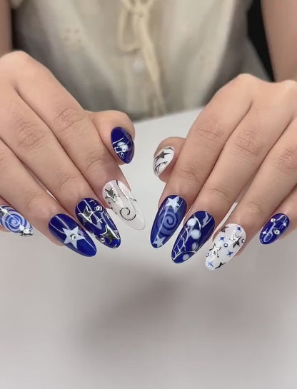 Navy Blue Press On Nails • Star Charm Almond Nails • Silver Foil Celestial Handmade Glue Set • Gift for Her • OC1376ZG