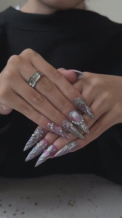 Silver Chrome Press On Nails with 3D Metallic Art , Purple Long Stiletto Nails , Futuristic Y2K Fake Nails for Party | OB492W
