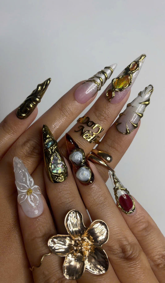 Luxury 3D Press On Nails | Gold Sculpted Stiletto Nail Set | Gemstone Fantasy Fake Nails