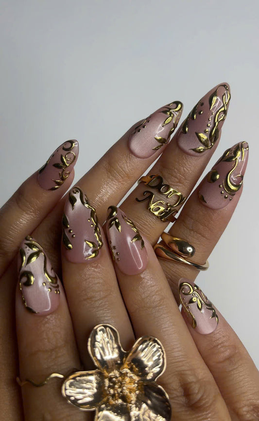 Elegant Nude Pink Press On Nails | Gold 3D Luxury Nail Set | Classy Wedding Fake Nails