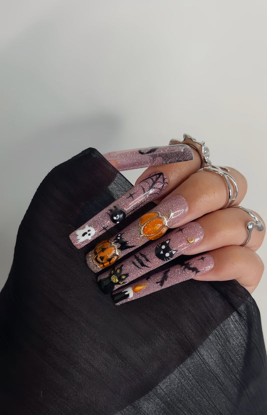 Cute Halloween Press On Nails | Pink Glitter Nail Art | Pumpkin Ghost Cat Nails | Spooky Cute Long Nails | Handmade Fake Nails