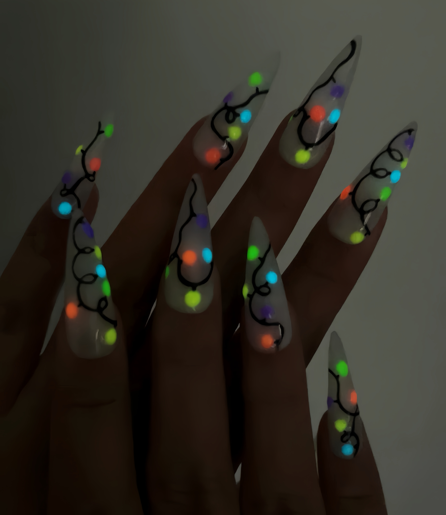 DoryNail Christmas Light String Press On Nails | Colorful Holiday Nail Art | Festive Rainbow Bulb Design | Clear Glossy Nails | Handmade Christmas Set