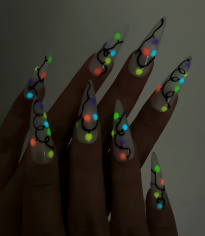 DoryNail Christmas Light String Press On Nails | Colorful Holiday Nail Art | Festive Rainbow Bulb Design | Clear Glossy Nails | Handmade Christmas Set
