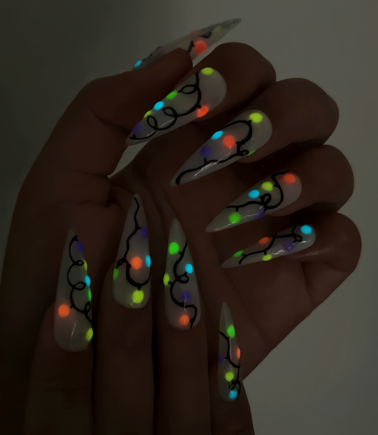 DoryNail Christmas Light String Press On Nails | Colorful Holiday Nail Art | Festive Rainbow Bulb Design | Clear Glossy Nails | Handmade Christmas Set