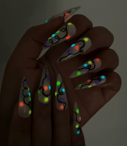 DoryNail Christmas Light String Press On Nails | Colorful Holiday Nail Art | Festive Rainbow Bulb Design | Clear Glossy Nails | Handmade Christmas Set