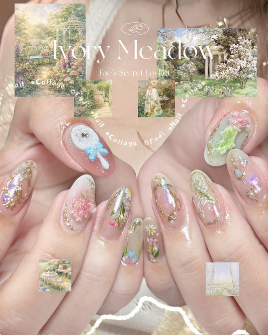 Ivory Meadow Press On Nails by FudiNails | Vintage Garden Floral Nails | Cottagecore Aesthetic 3D Flower Nails | Elegant Victorian Gold Frame Luxury Gel Nails | FD09L