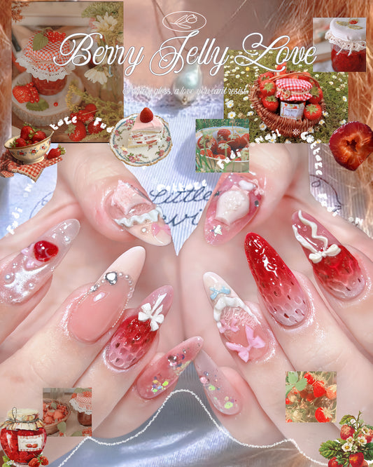 Berry Jelly Love Press On Nails by FudiNails | 3D Strawberry Fruit Nails | Coquette Red Ribbon Aesthetic Nails | Handmade Luxury Sweet Kawaii Gel Nails | FD08L